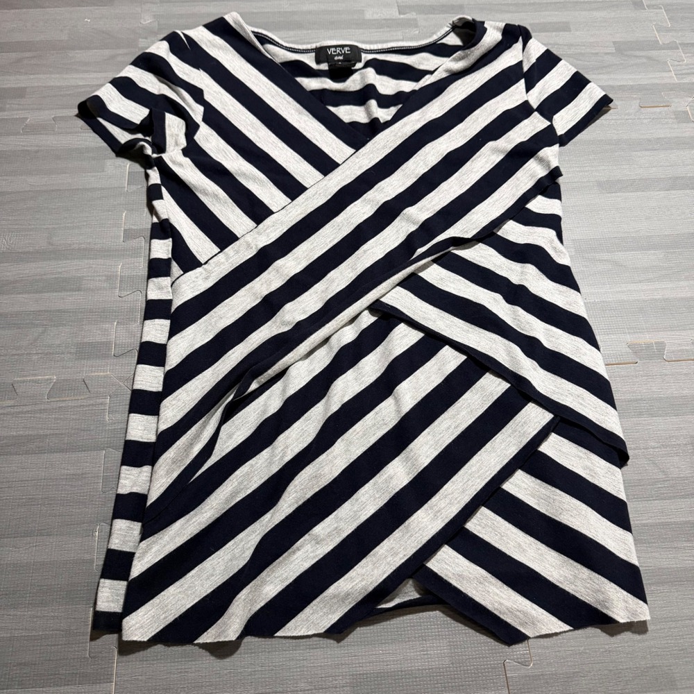 Striped Surplus Faux Wrap Short Sleeve V-Neck Top Navy Gray